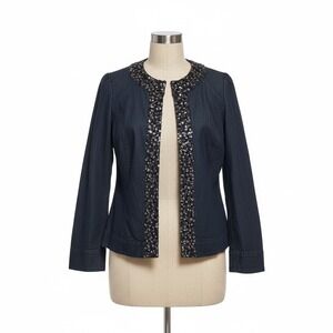 Dressbarn Sequin Trim Denim Jacket Dark Wash Blue Blazer 14/16